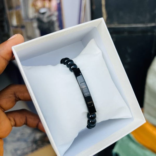 Engraved black beaded bracelet