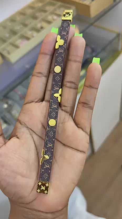 2 sides LV leather bracelet with gold hardware