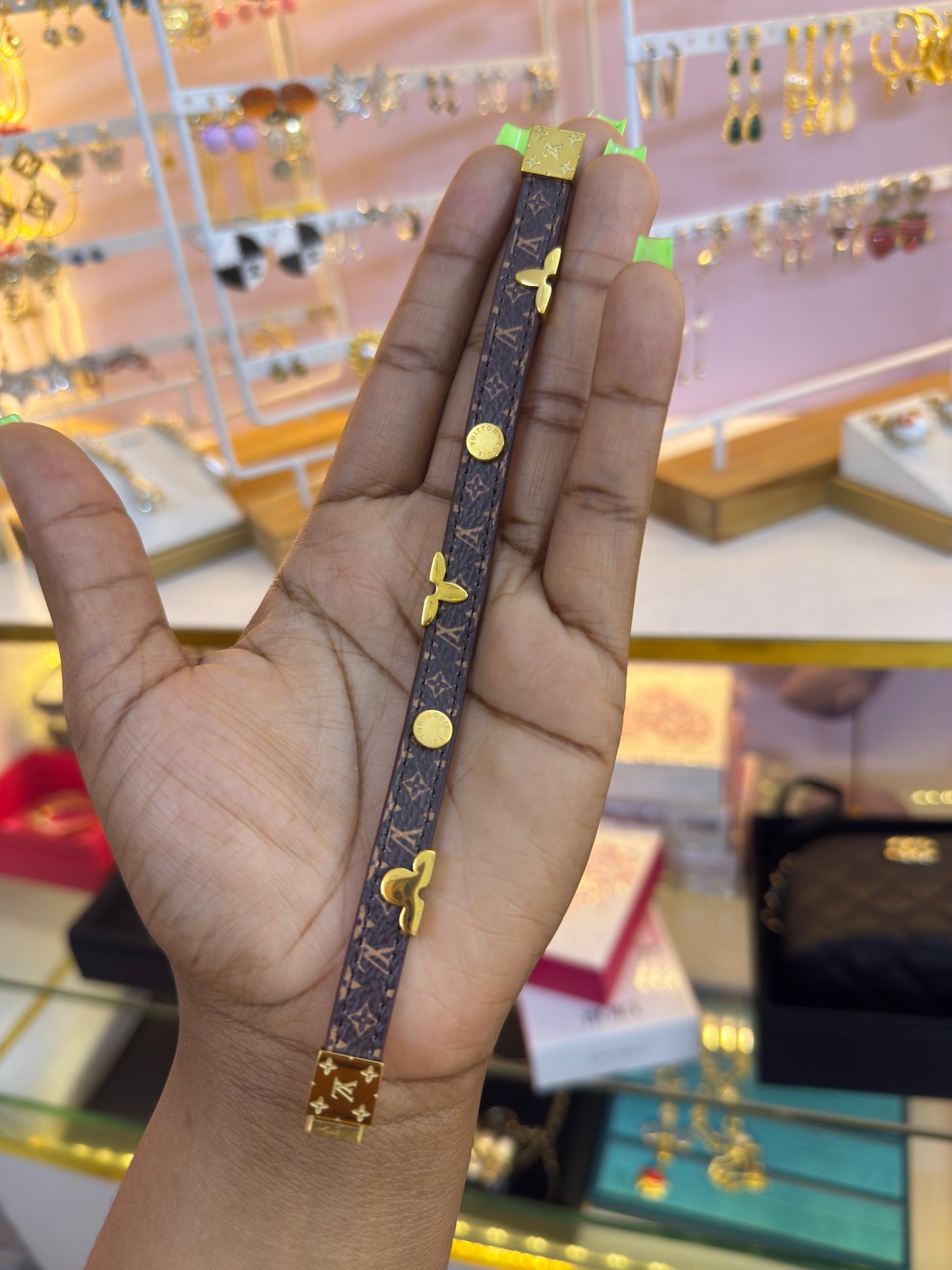 2 sides LV leather bracelet with gold hardware